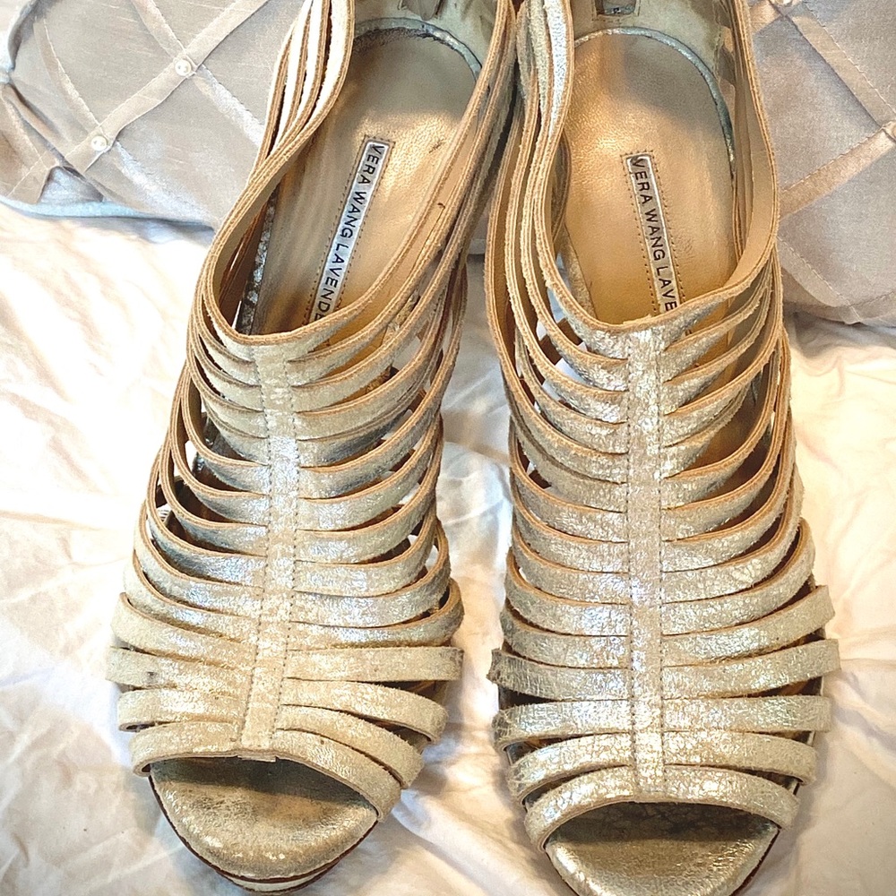 Vera Wang Lavender Label Silver strappy heels.